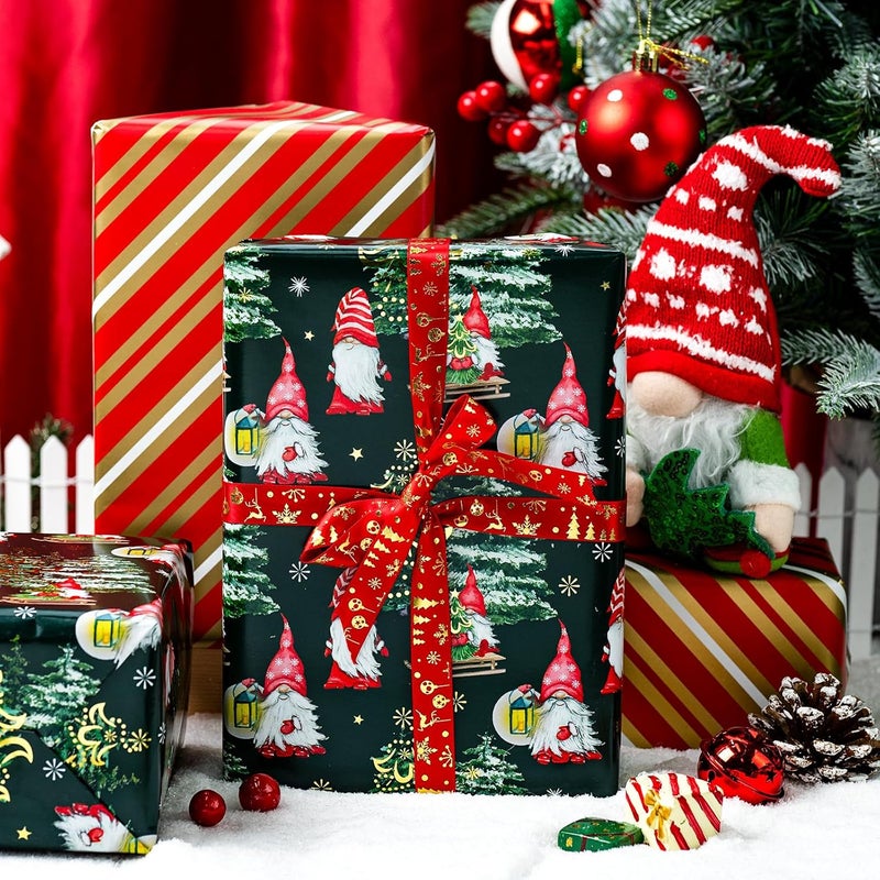 Yarcony Green Christmas Wrapping Paper Roll, Gnome Wrapping Paper, Cute Woodland Gnome, Christmas Tree Snowflake Gift Wrap for Presents Decoration,Seasonal Packaging Supplies (17 Inch X 33 Feet) - Image 5